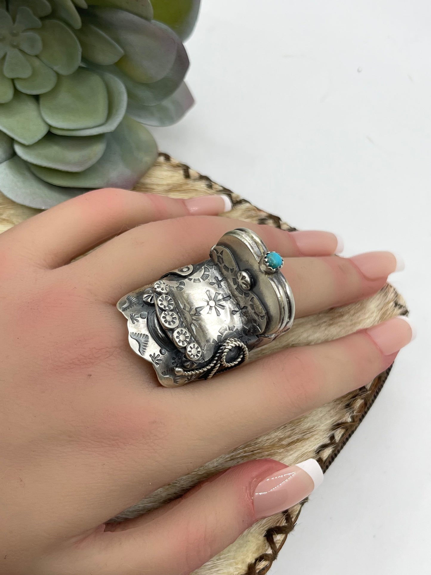 11.0 Silver Saddle Ring with Turquoise Stone by Tim Yazzie, Navajo