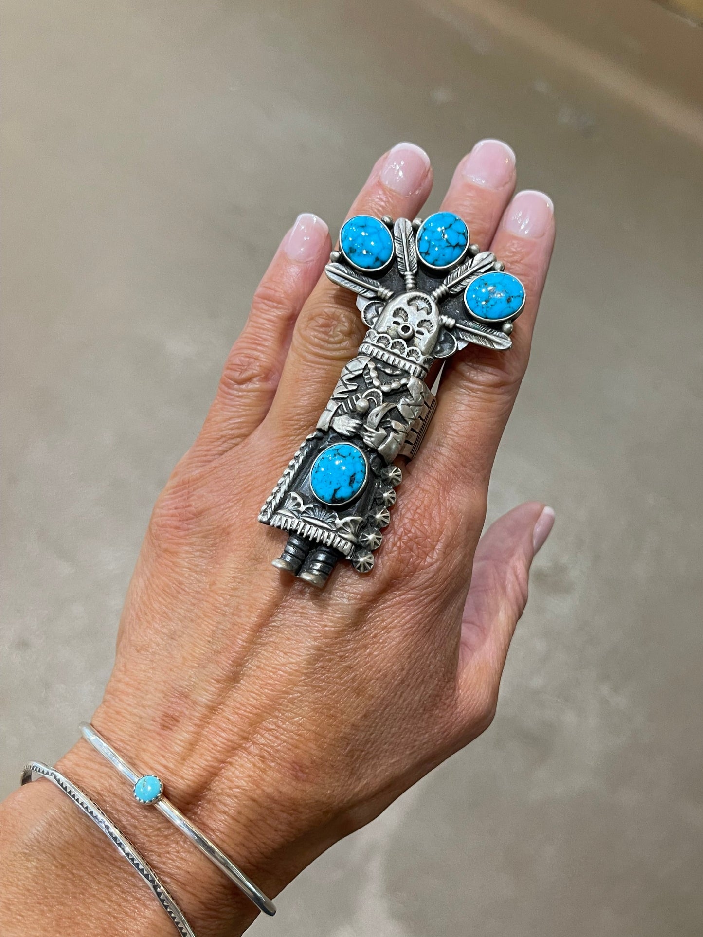 7.5 Kachina Kingman Web Turquoise Ring by Patrick Yazzie, Navajo