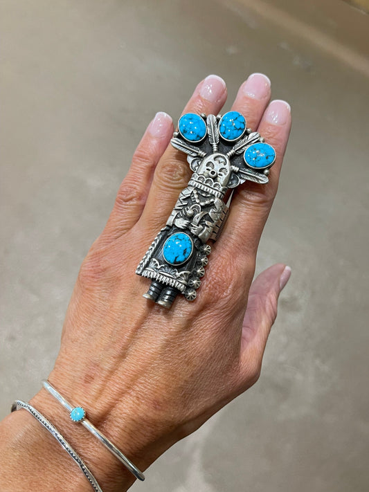 7.5 Kachina Kingman Web Turquoise Ring by Patrick Yazzie, Navajo