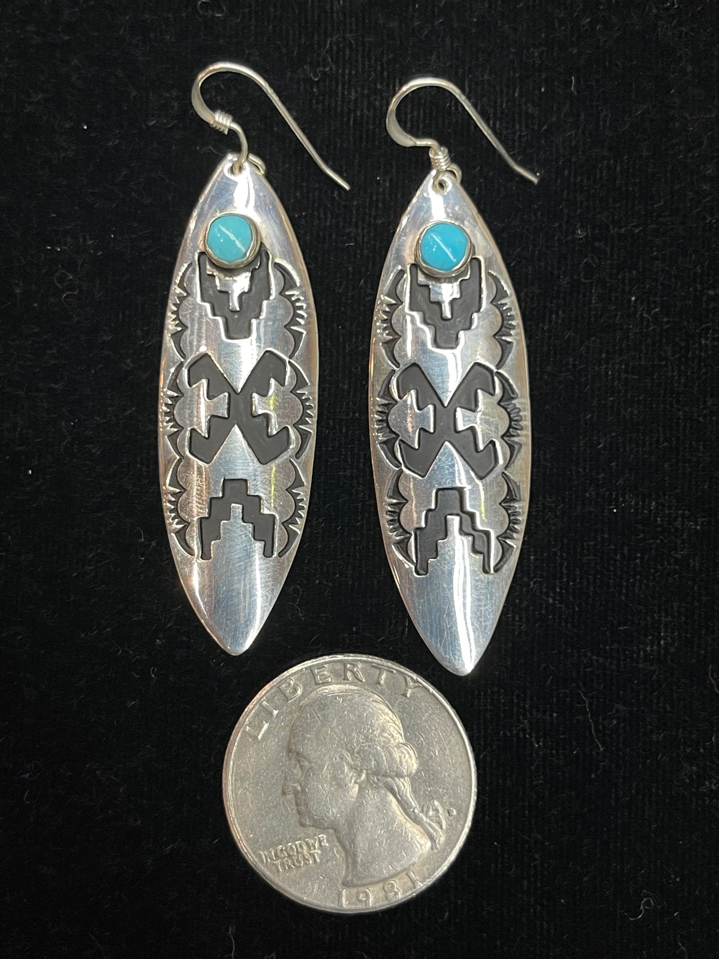 Silver Stamped Earrings with Turquoise Stone by Tommy & Rose Singer, Navajo