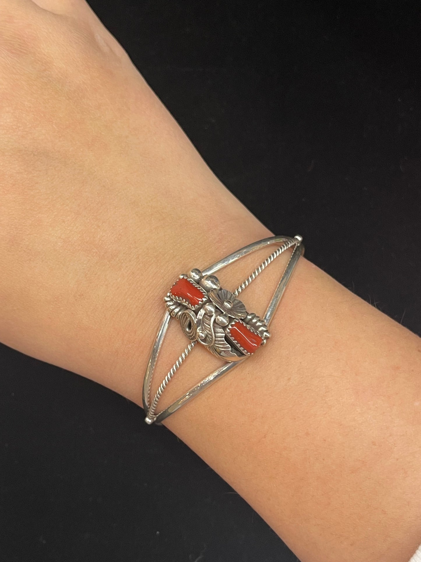 5.5"- 7" Red Coral Cuff by Max Calladitto, Navajo