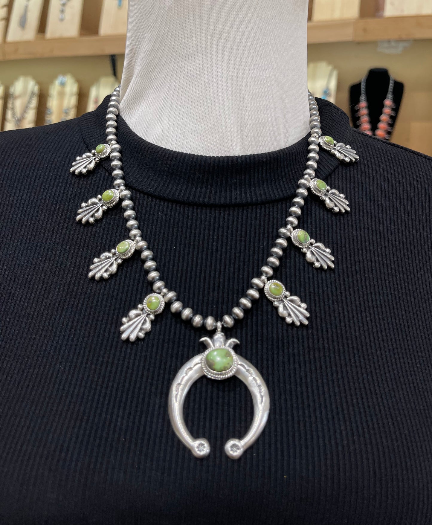 19" Sonoran Gold Turquoise Squash Blossom Necklace by Bobby Platero, Navajo