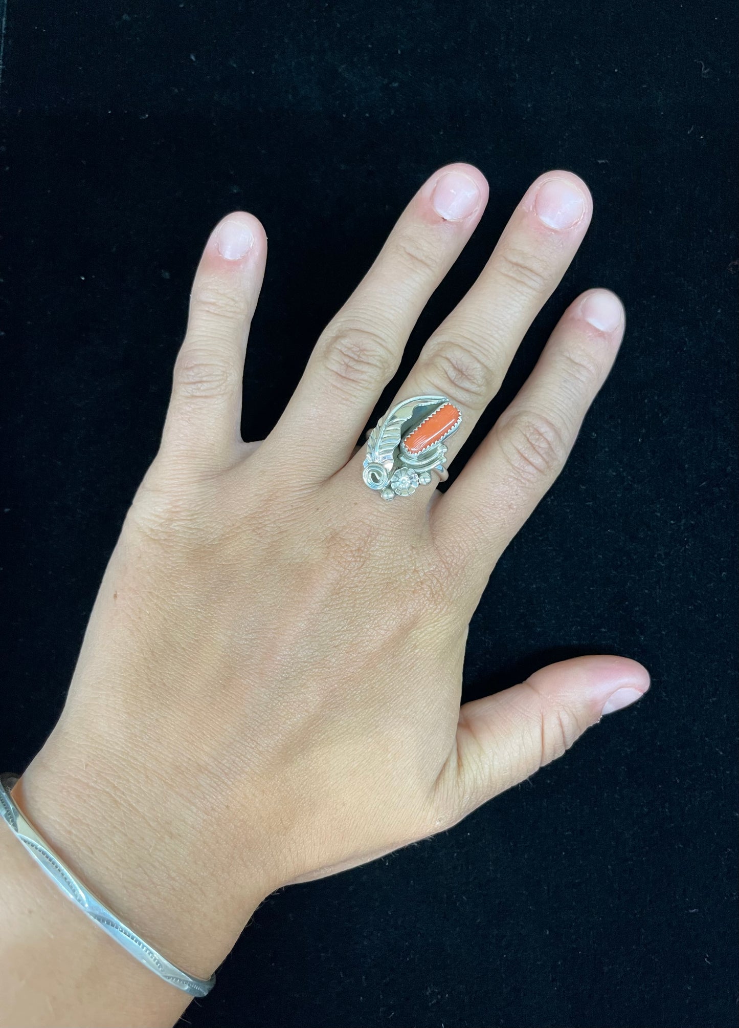 7.0 Red Coral Ring by Helena Martinez, Navajo