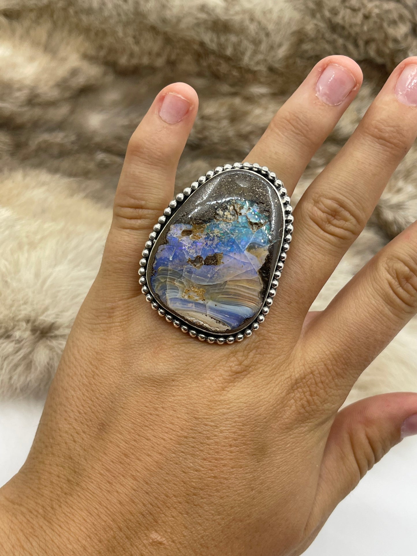 Adjustable 7.0-11.0 Natural Boulder Opal Ring