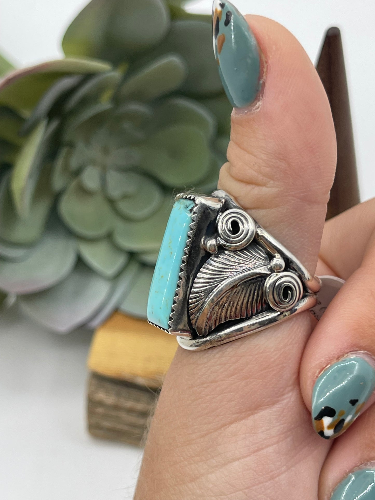 Size (7.0) Turquoise Bar Ring by Darrell Morgan, Navajo