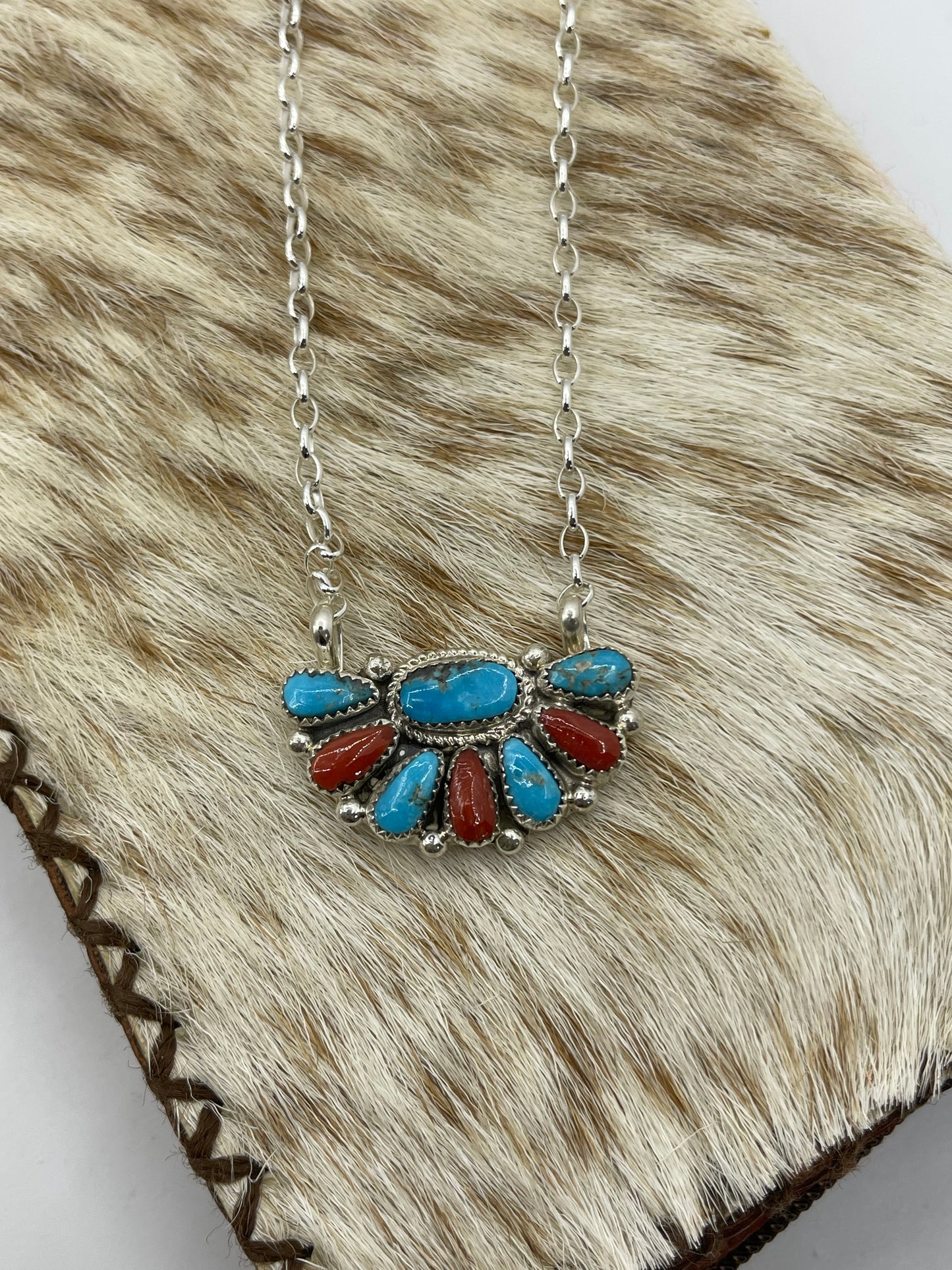 16" Half Cluster Kingman Turquoise & Red Coral Necklace by Alicia Wilson, Zuni