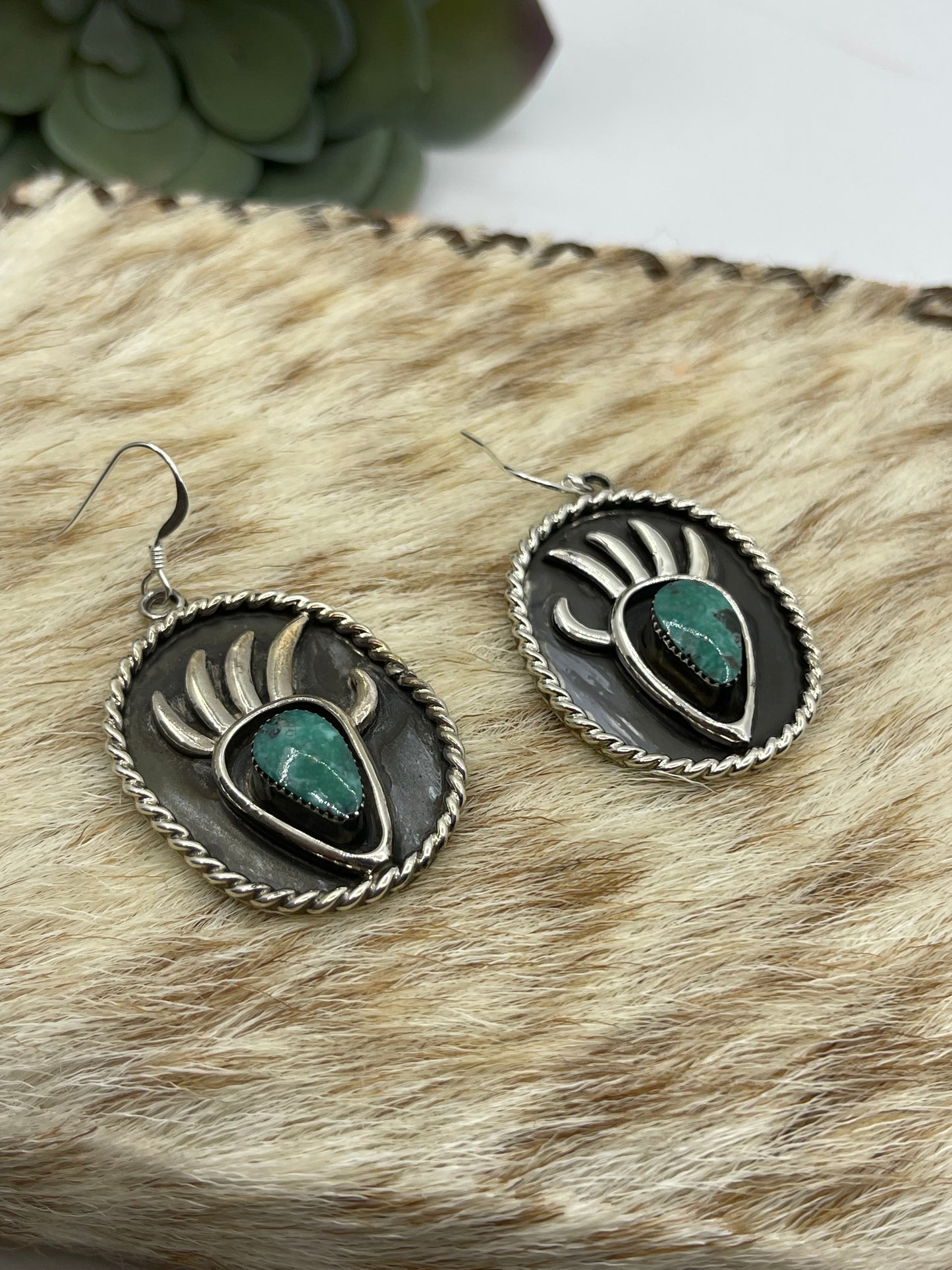Turquoise Bear Claw Dangle Earrings by Jimson Belin, Navajo
