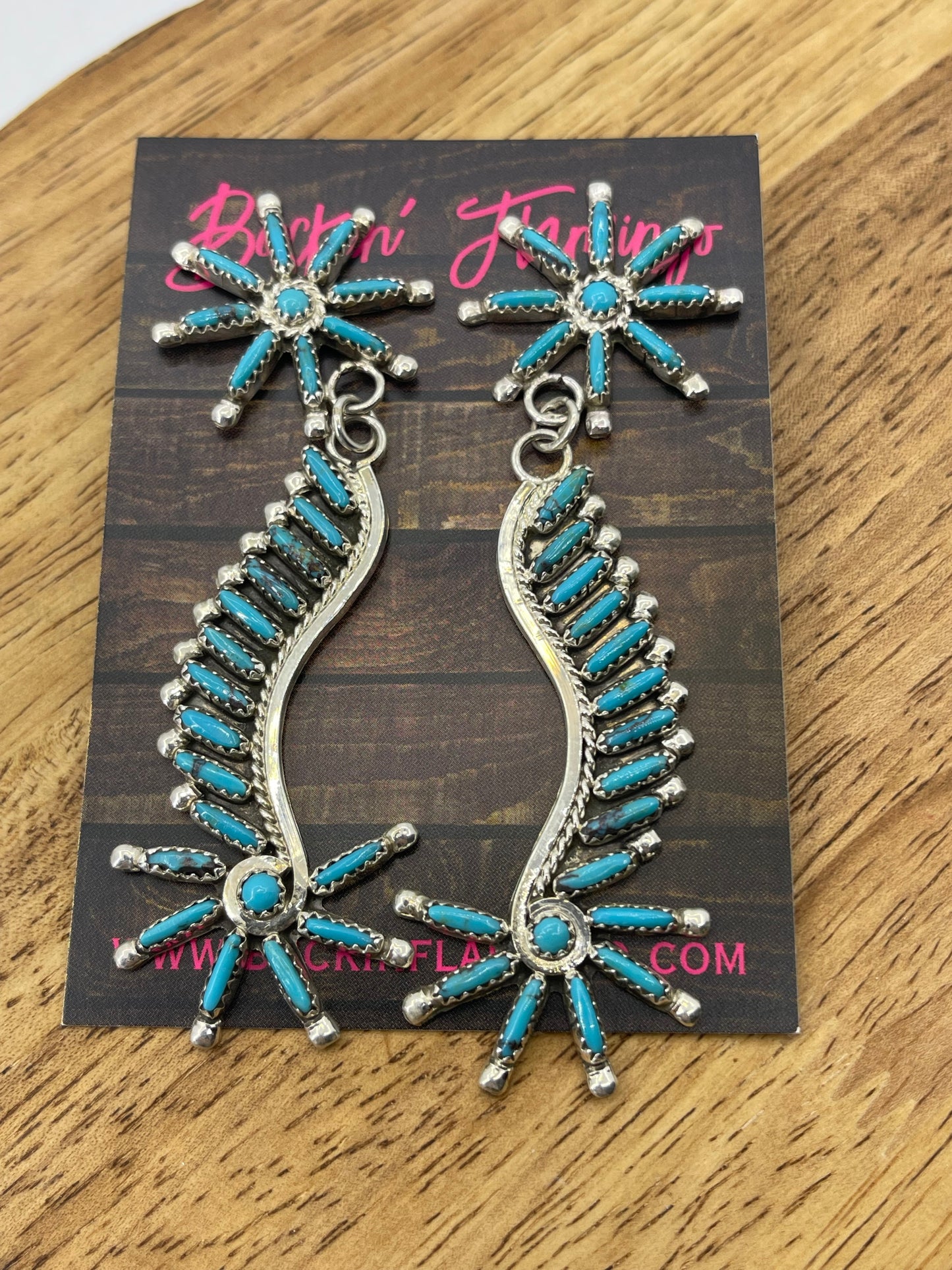 Turquoise Long Post Dangle Needlepoint Earrings by Rodney Notah, Navajo