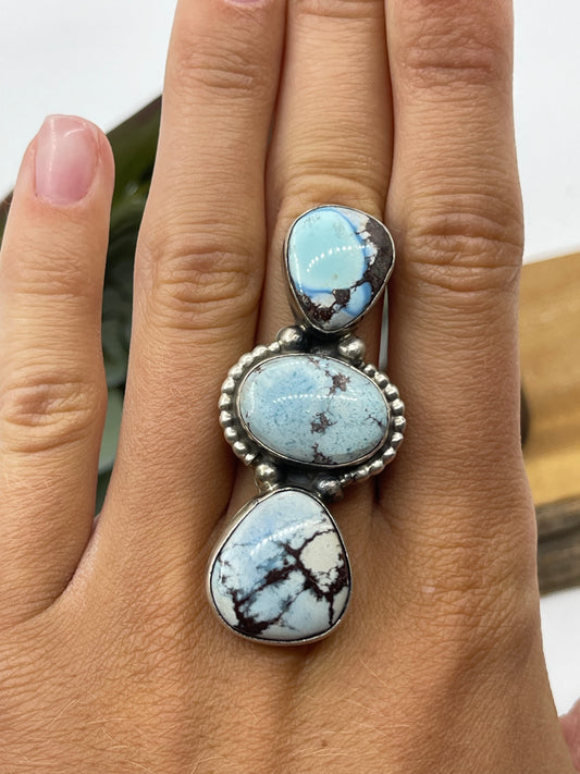Adjustable Golden Hills Turquoise 3 Stone Ring by Alfred Martinez, Navajo