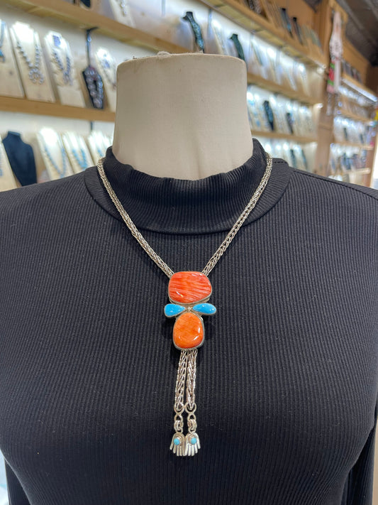Handmade Chain 20”+3” Drop Bolo Tie Necklace W/Clasp Spiny Oyster & Turquoise by Smokey Gchachu, Zuni
