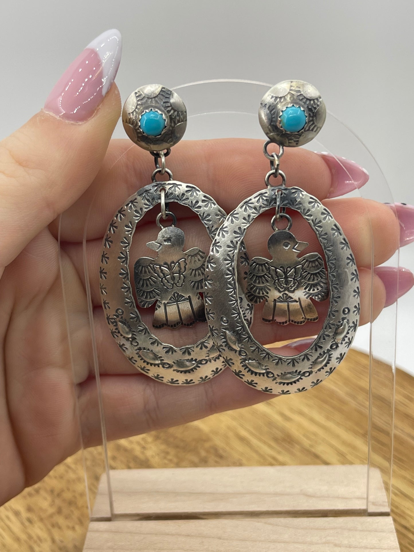 LOT 44 7/5 Thunderbird Dangle Style Post with Turquoise by Tim Yazzie, Navajo