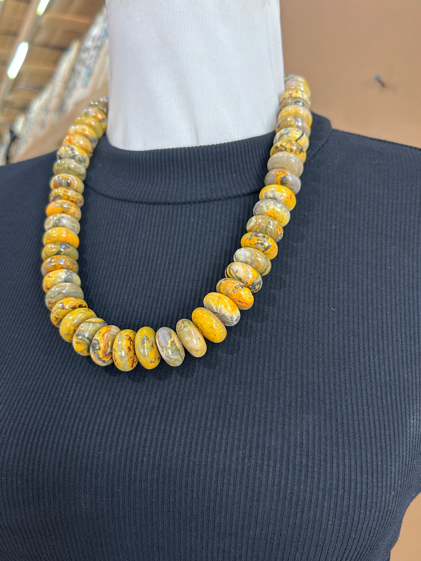 22" 18mm Bumblebee Jasper Necklace with Navajo Pearls