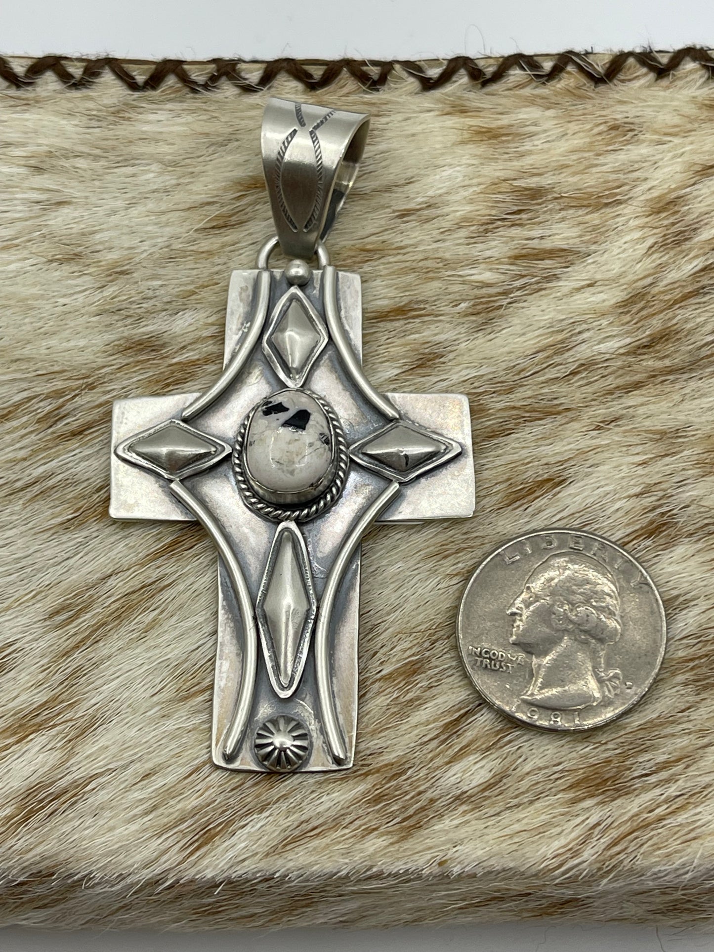 White Buffalo Cross Pendant with a 10.8mm Bale by Gabby Jurado,Mexican