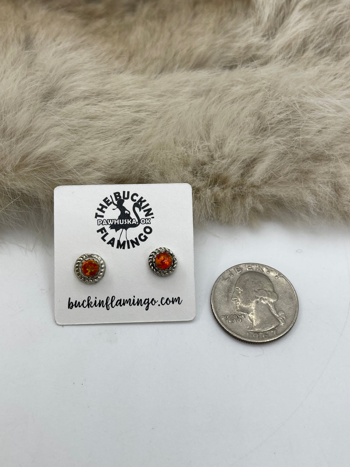 Round Orange Opal Post with Rope Border Earrings by M. Hannahweeke, Zuni