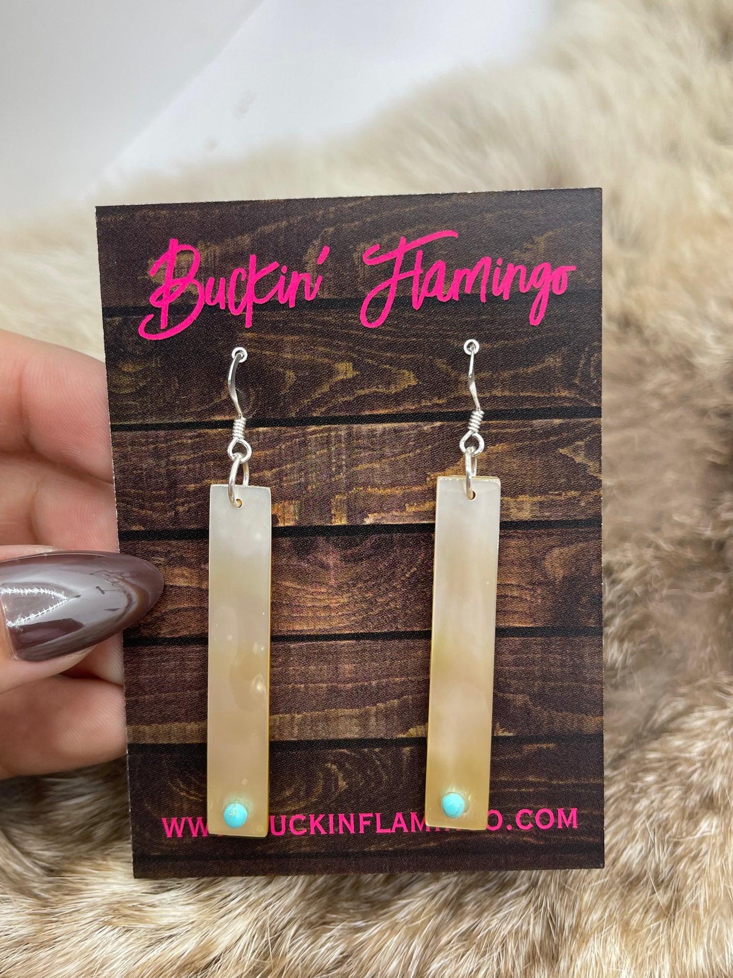 Mother of Pearl Long Dangle Rectangle w/ Turquoise by Jesus Espino, Zuni