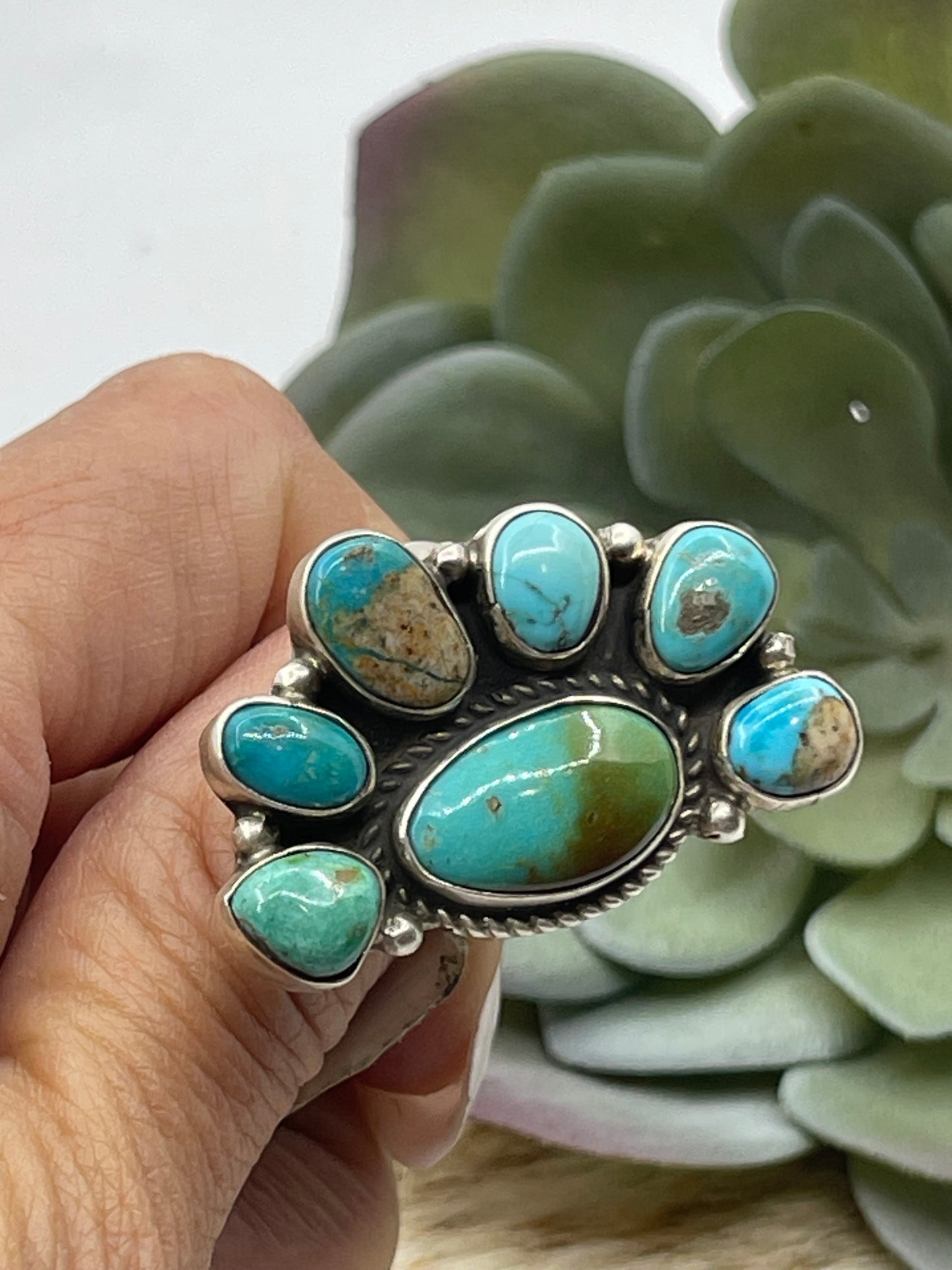 6.0-10.0 Adjustable Kingman Turquoise Half Cluster Ring by Geraldine James, Navajo