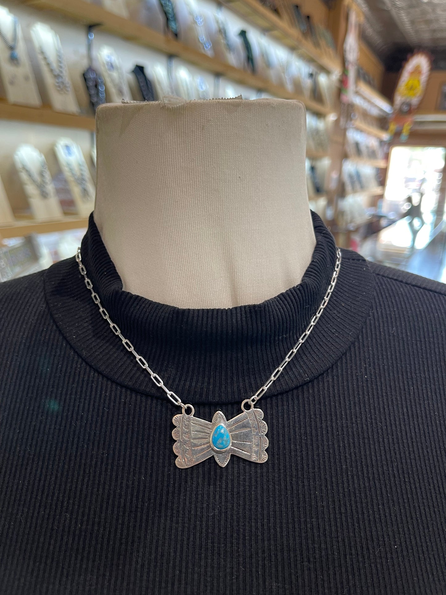 16" Stamped Silver Necklace with Turquoise