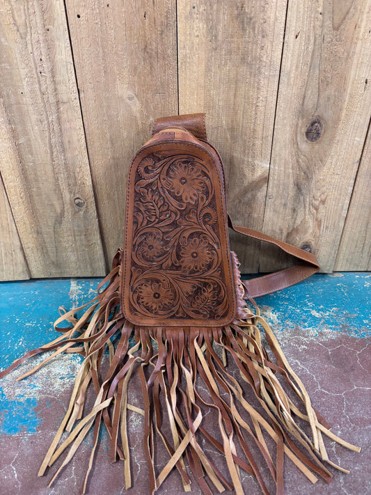 Brown Leather Flower Tooled Fringe Sling Bag/Purse