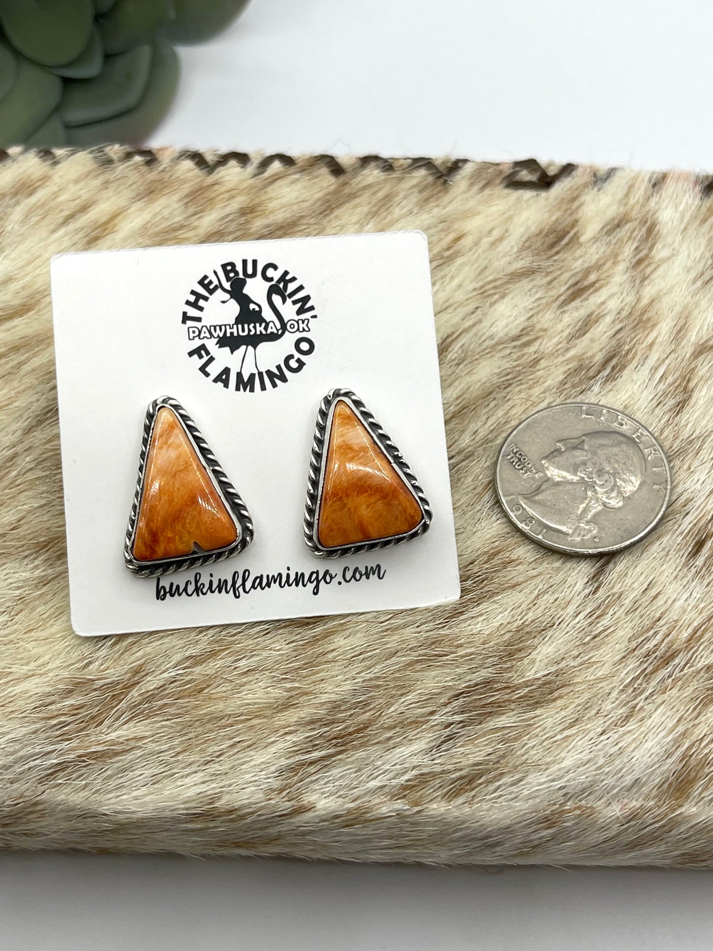 Orange Spiny Oyster Shell Triangle Post Earrings by Elouise Kee, Navajo