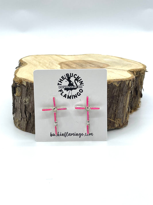 Hot Pink Opal Cross Earrings by Ashley Laate, Zuni
