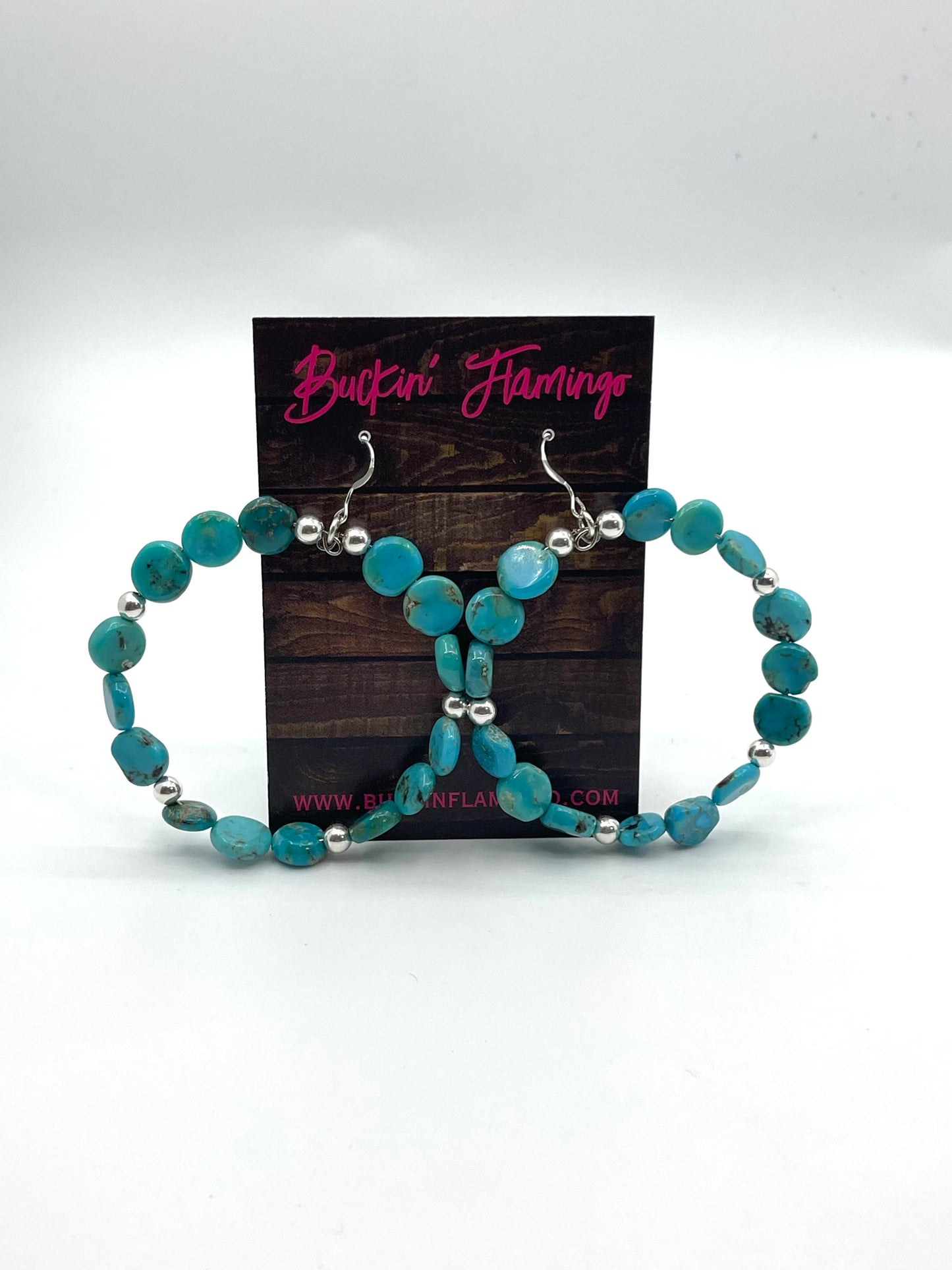 Turquoise Cylinder Bead w/ Silver Bead Hoop Hook Earrings