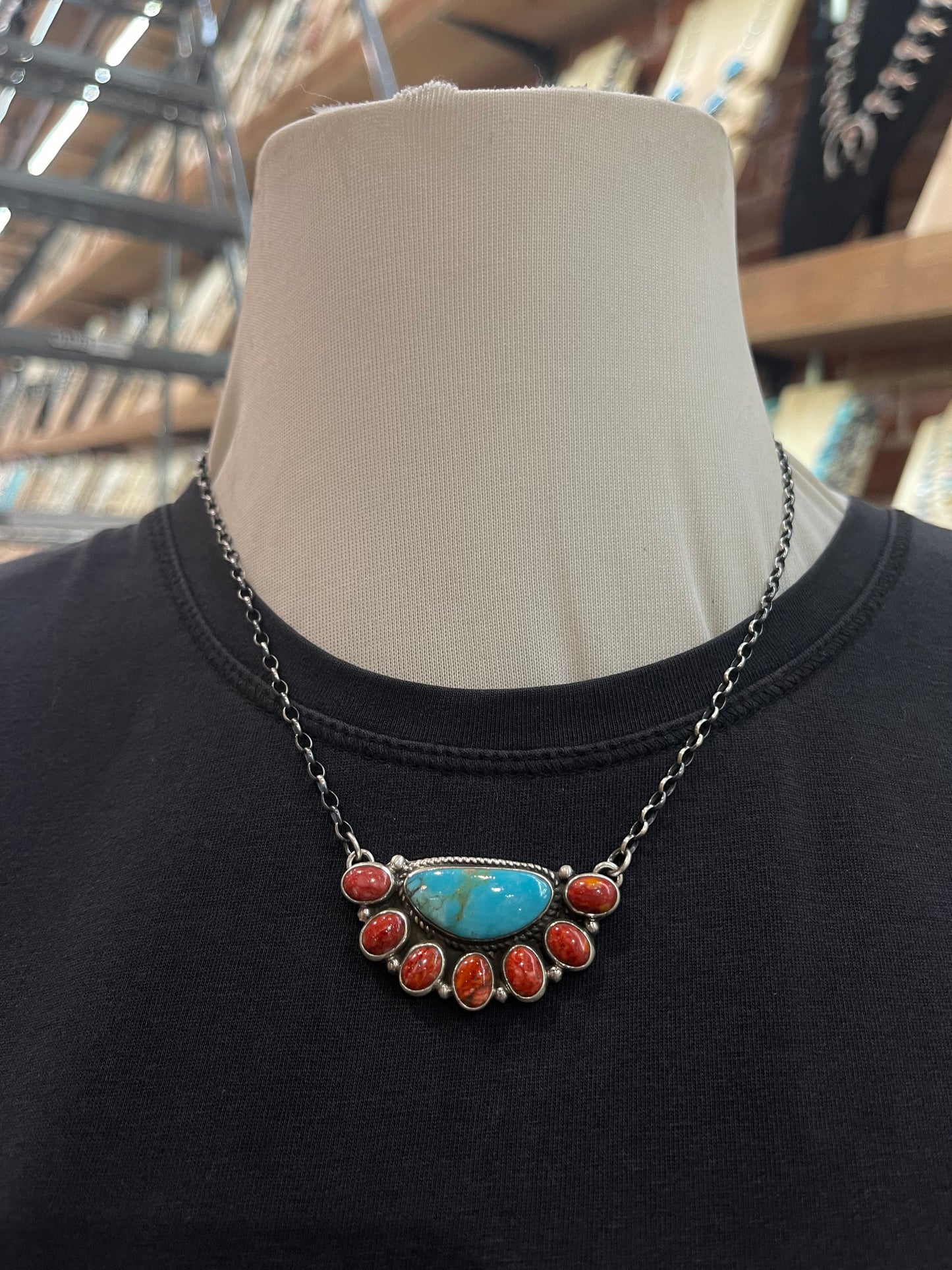 Red Spiny Oyster and Turquoise Half Cluster Necklace