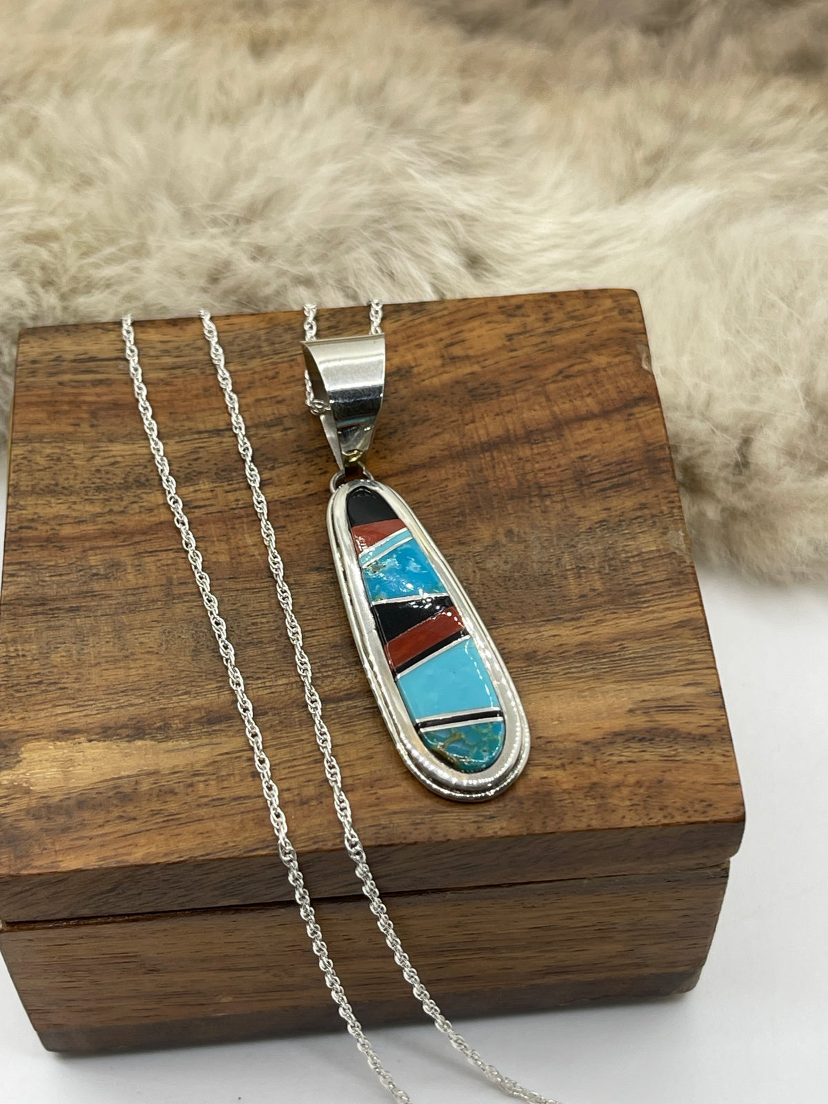 18” 12.5mm Bail Inlay Pendant by Victor Maritza, Zuni