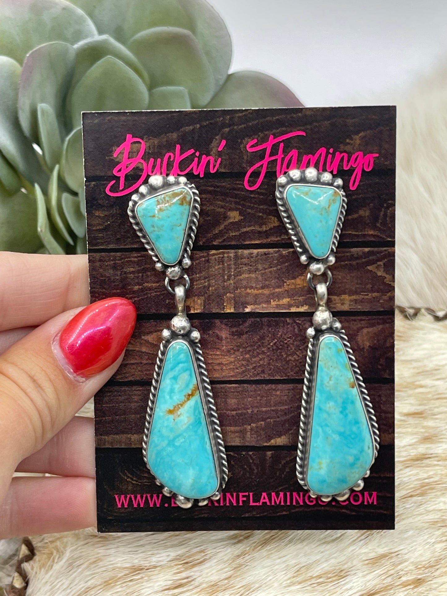 2 Stone Kingman Turquoise Drop Post Dangle Earrings by Elouise Kee, Navajo