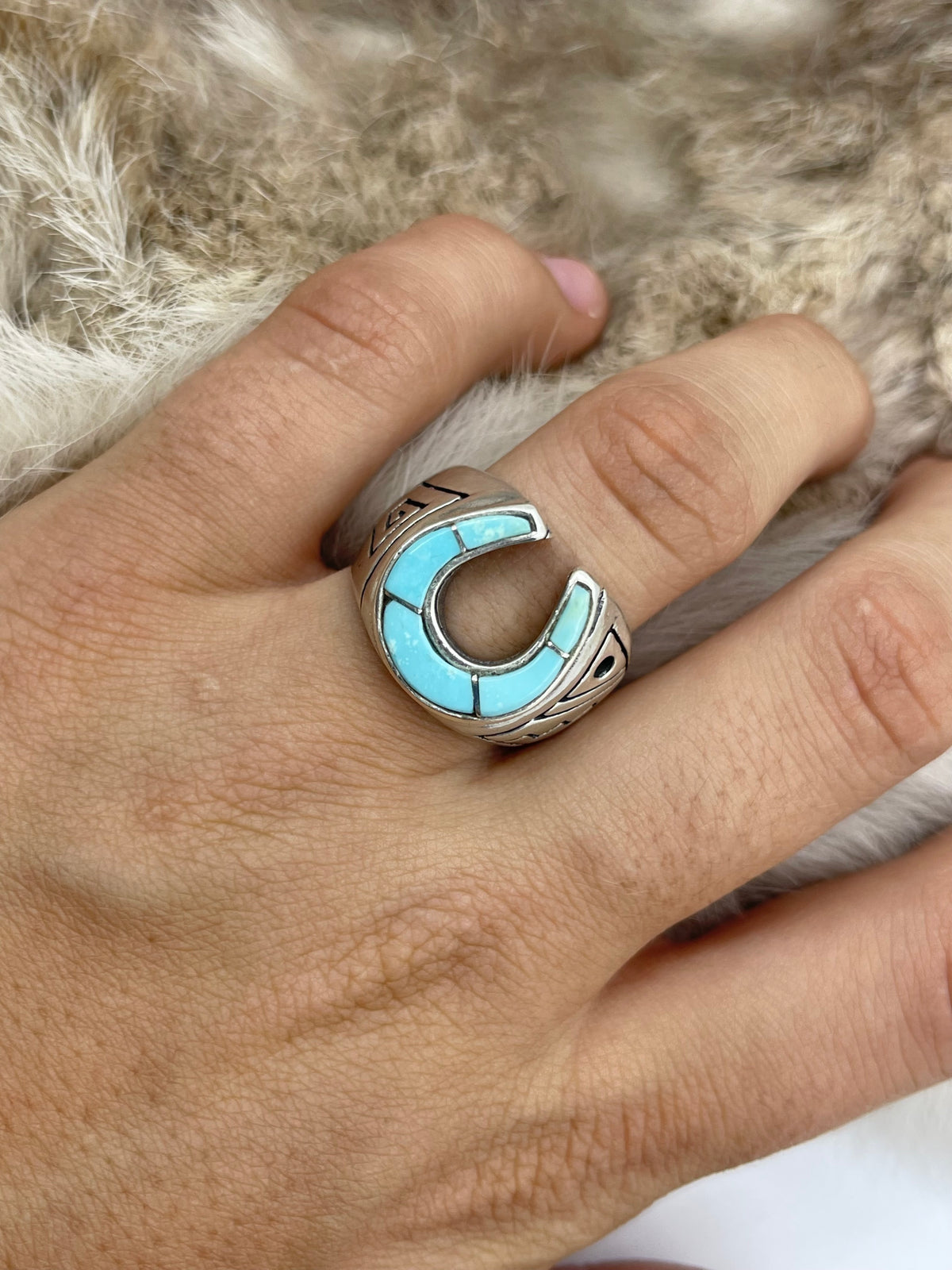 10.0 Turquoise Horse Shoe Ring by Bevis Tsadiasi, Zuni