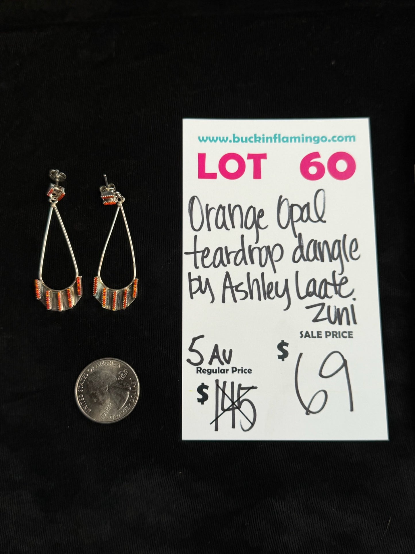 LOT 60 8/9 Orange Opal Teardrop Dangle by Ashley Laate, Zuni