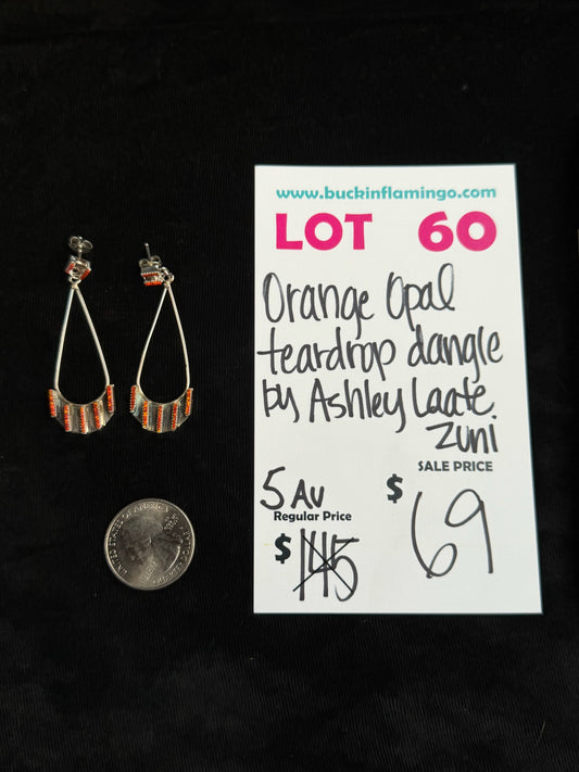 LOT 60 8/9 Orange Opal Teardrop Dangle by Ashley Laate, Zuni