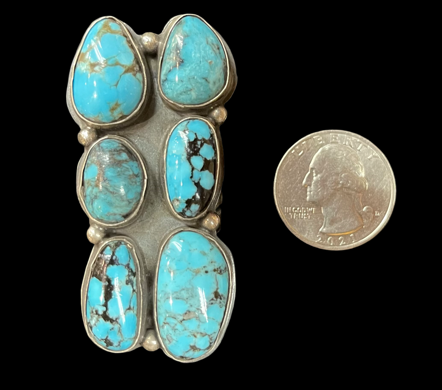 13.0 6 Stone Kingman Turquoise Ring by Gilbert Nez, Navajo