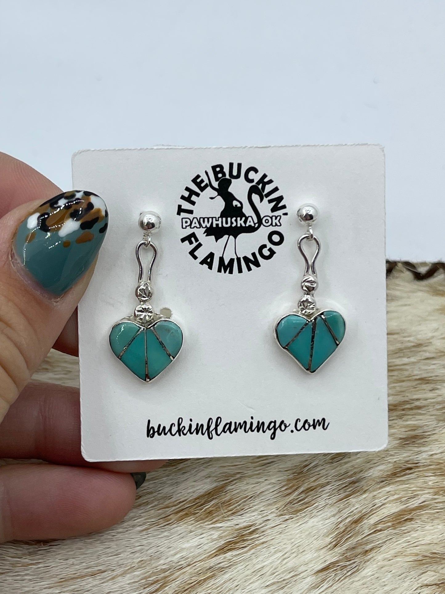 Inlaid Heart Post Dangle Earrings, Zuni