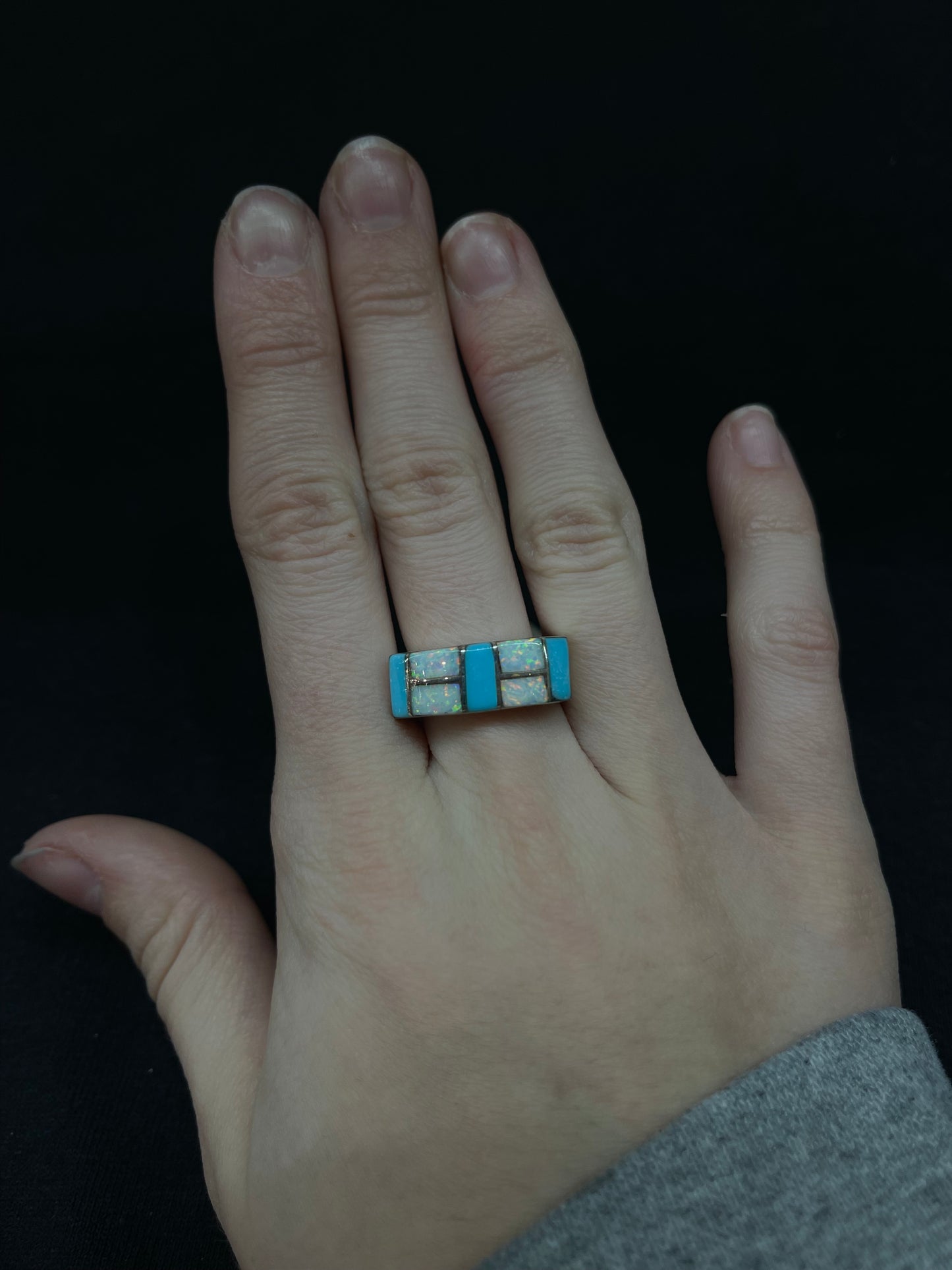 7.0 Turquoise and White Opal Inlay Ring by Verna Kanesta, Zuni