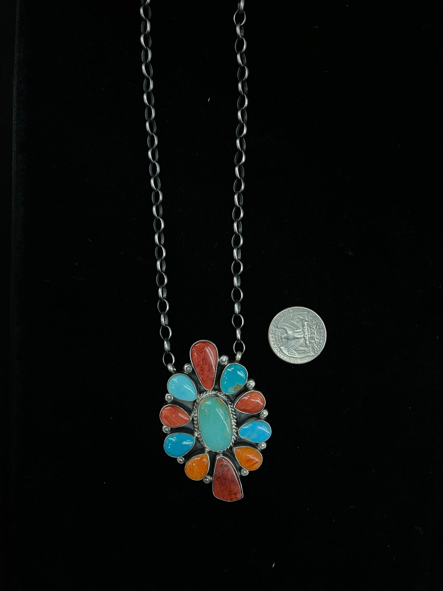 18" Turquoise and Spiny Oyster Shell Cluster Necklace by Elouise Kee, Navajo