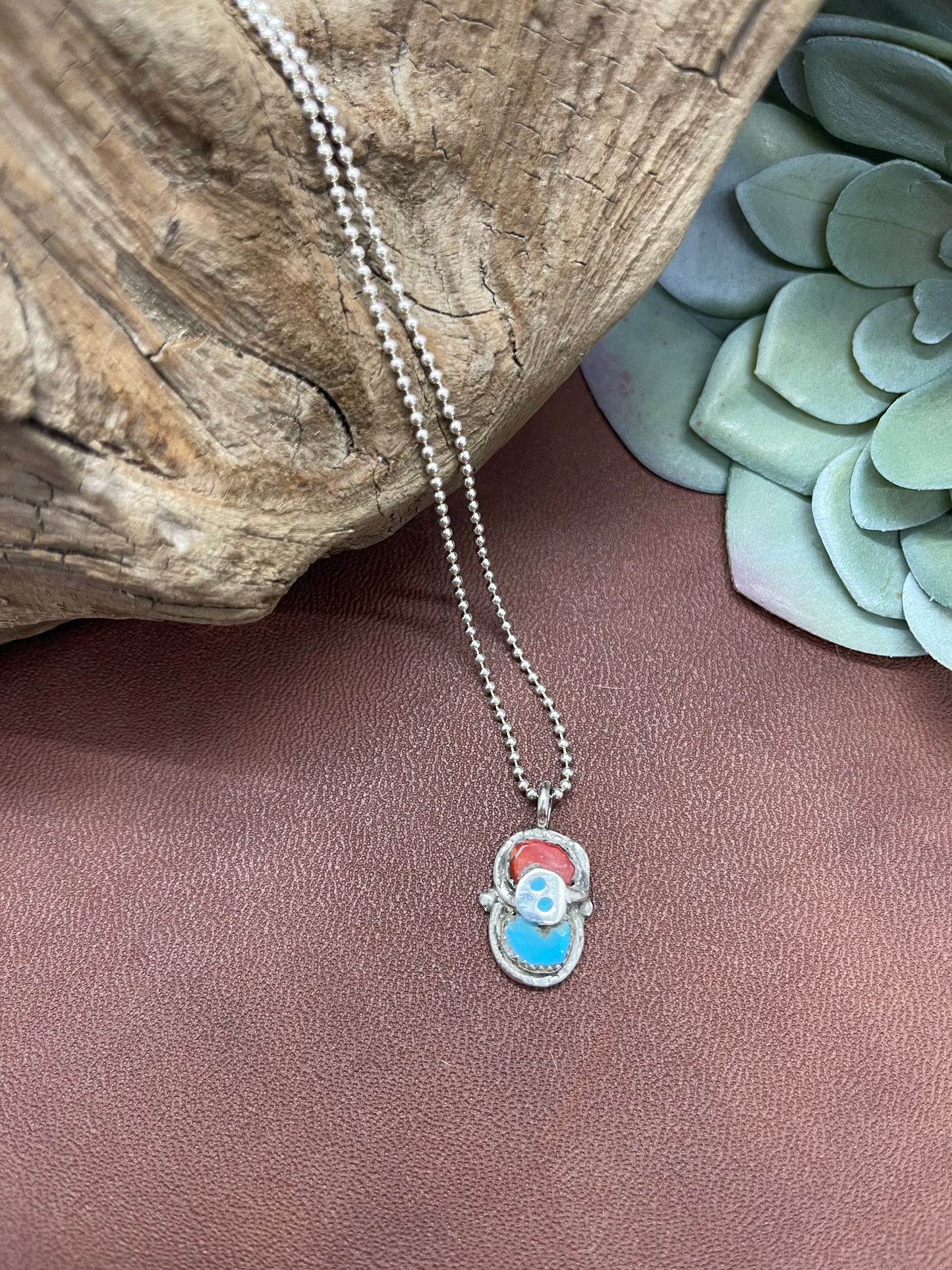 Red Coral and Turquoise Snake Pendant Necklace by Gayle Calabeza, Zuni