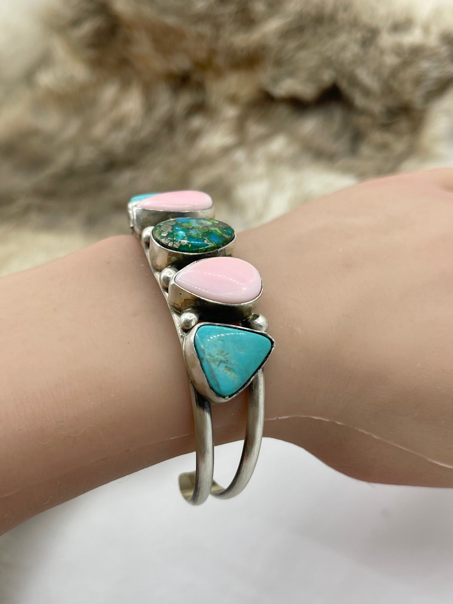 5 Stone Pink Conch & Turquoise Cuff by Augustine Largo, Navajo