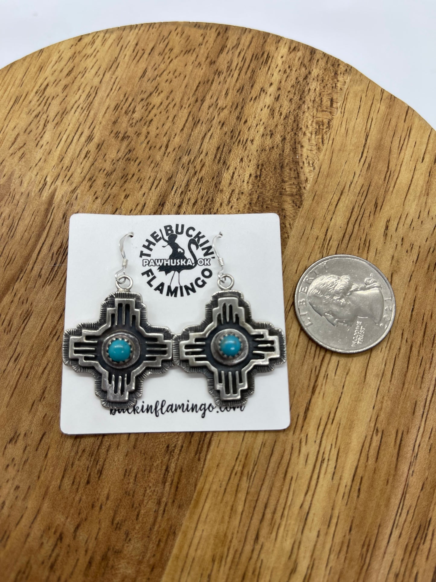 Turquoise Zia Symbol Silver Overlay Dangle Earrings by Kenny Lonjose, Navajo