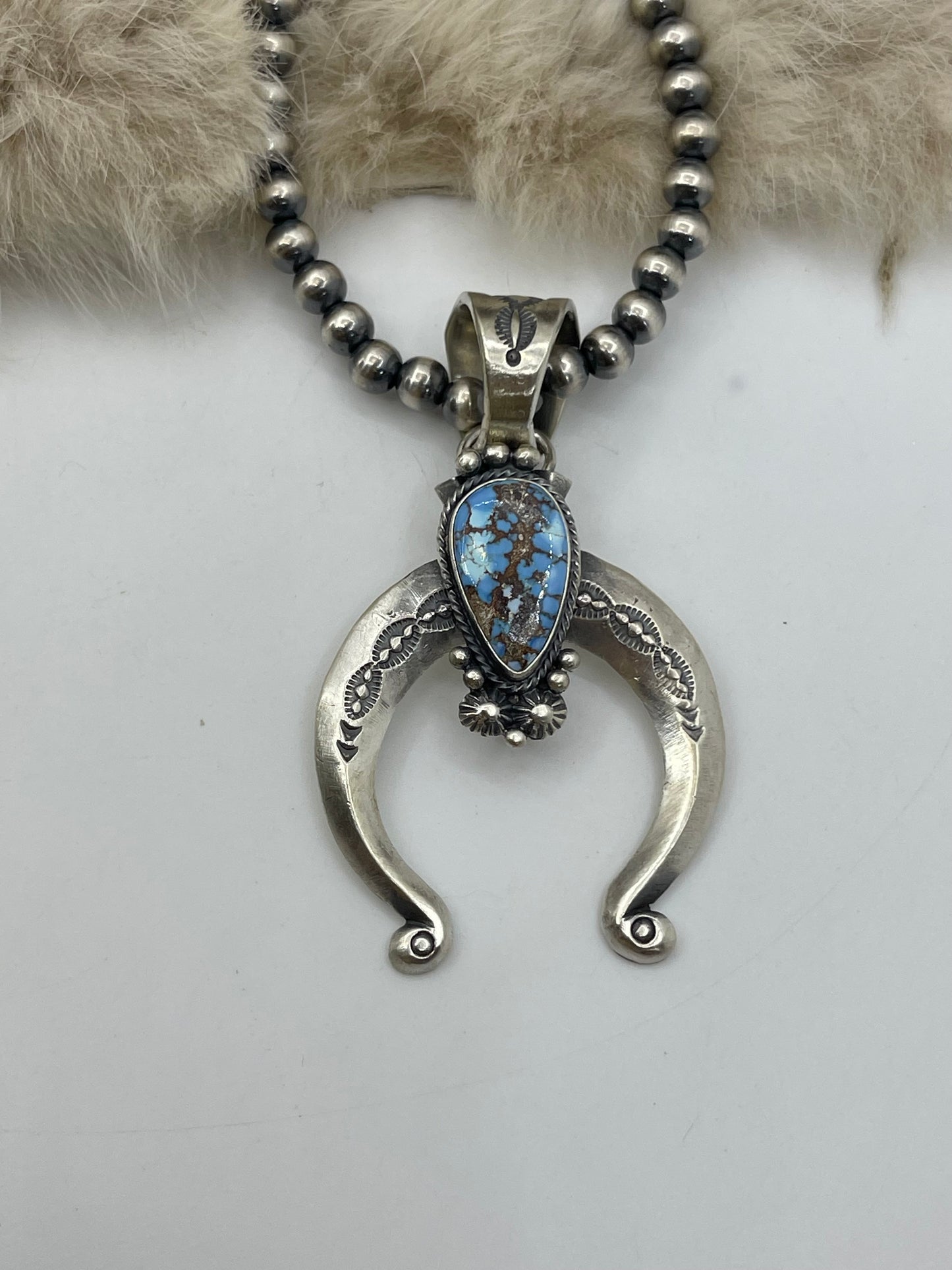 18" 6mm Golden Hills Turquoise Naja Necklace by Samuel Yellowhair, Navajo