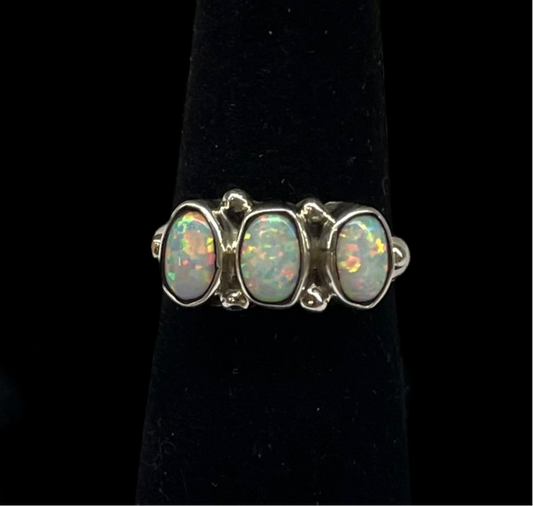 7.5 White Fire Roasted Opal 3 Stone Ring by Harris Largo, Navajo