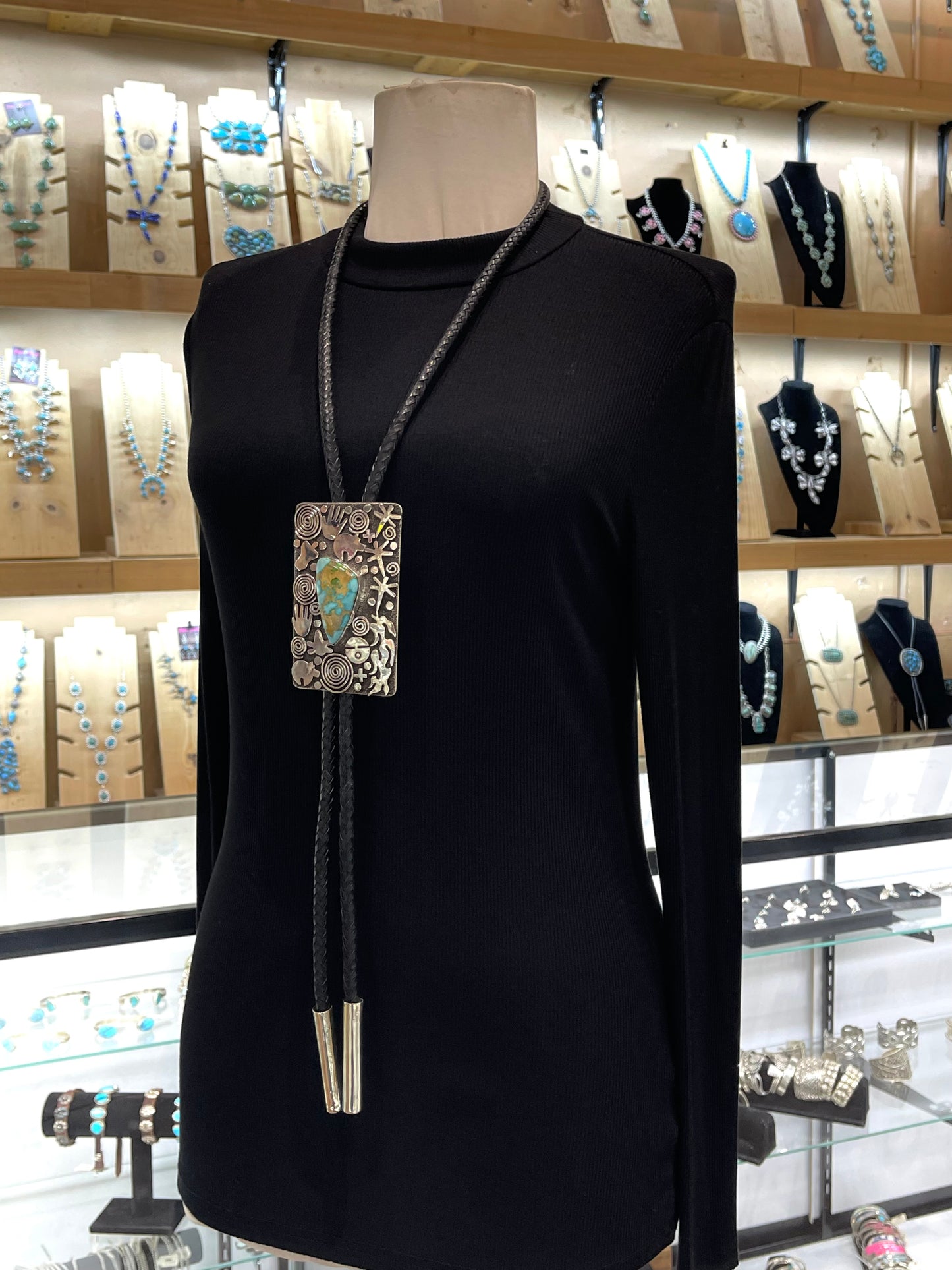 Sonoran Gold Turquoise and Petroglyph Bolo Tie by Alex Sanchez, Navajo