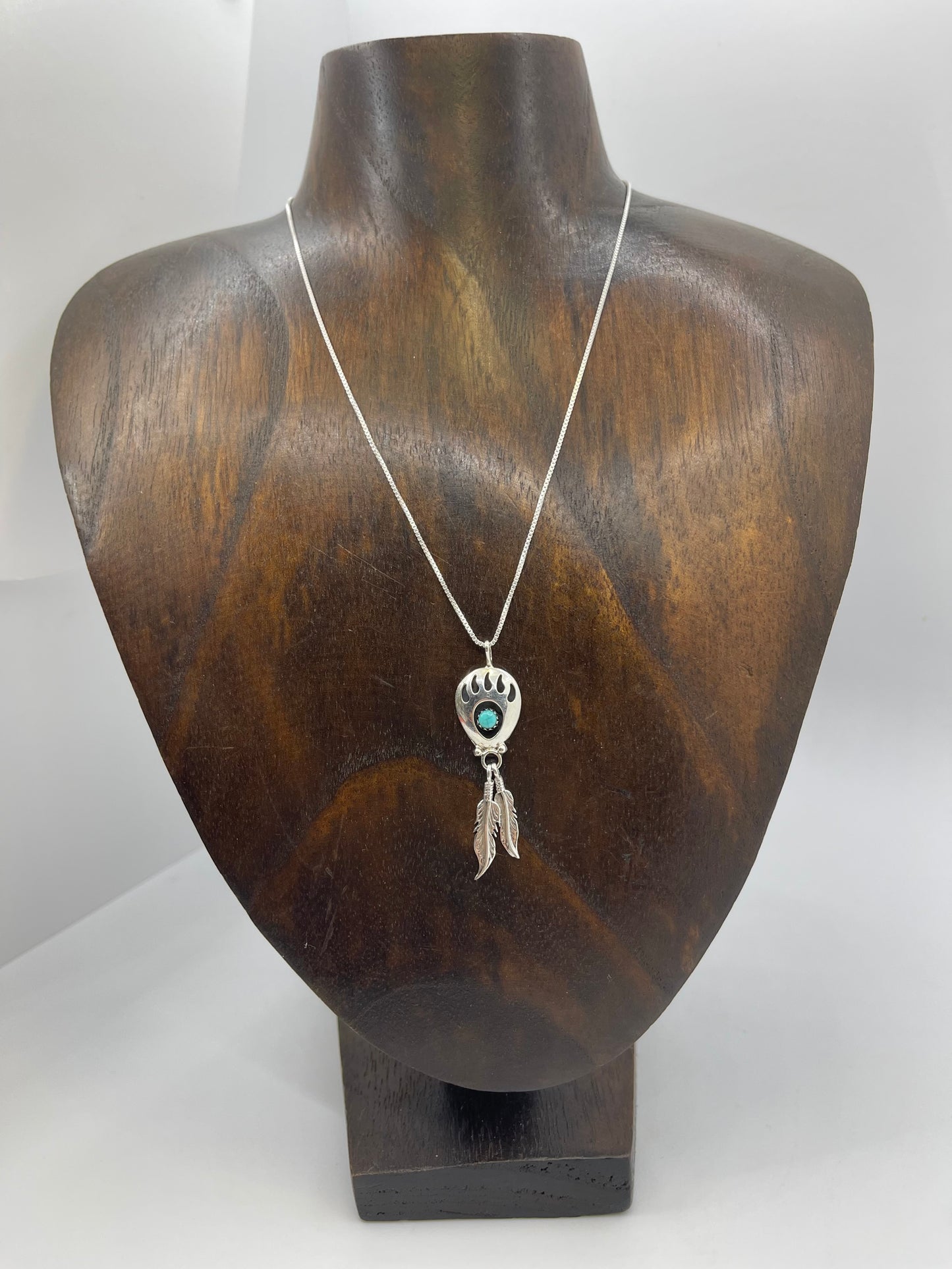15" Bear Paw Shadowbox Necklace with Hanging Feather Pendant by Annie Spencer