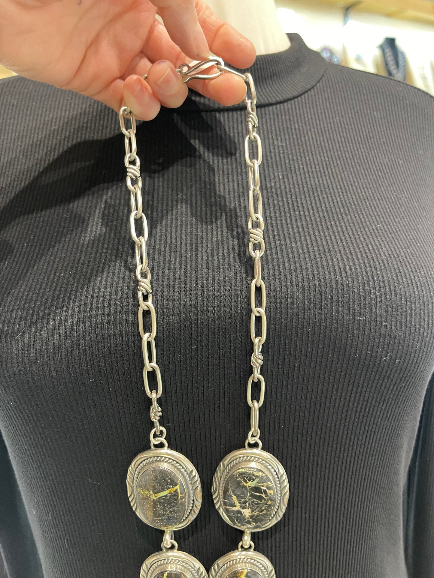 22"+4" Drop Blackjack Turquoise Lariat necklace by J.Piaso Jr., Navajo
