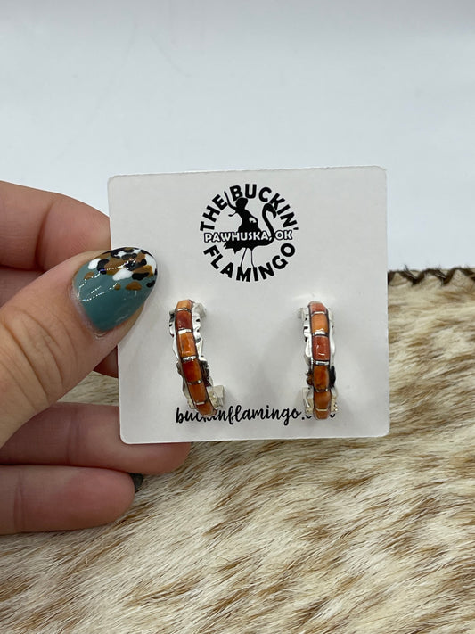 Orange Spiny Oyster Shell Post Hoop Earrings by Sheldon Lalio, Zuni