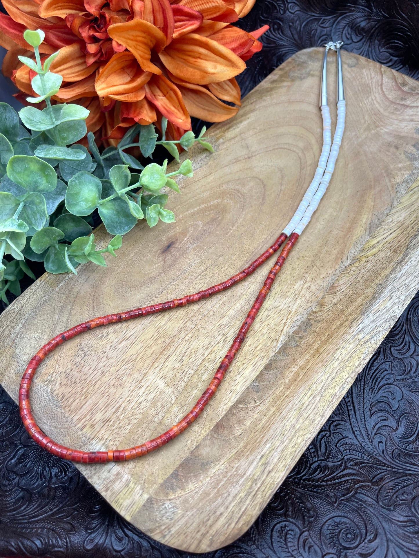 28" Melon Shell & Red Coral Heishi Bead Necklace