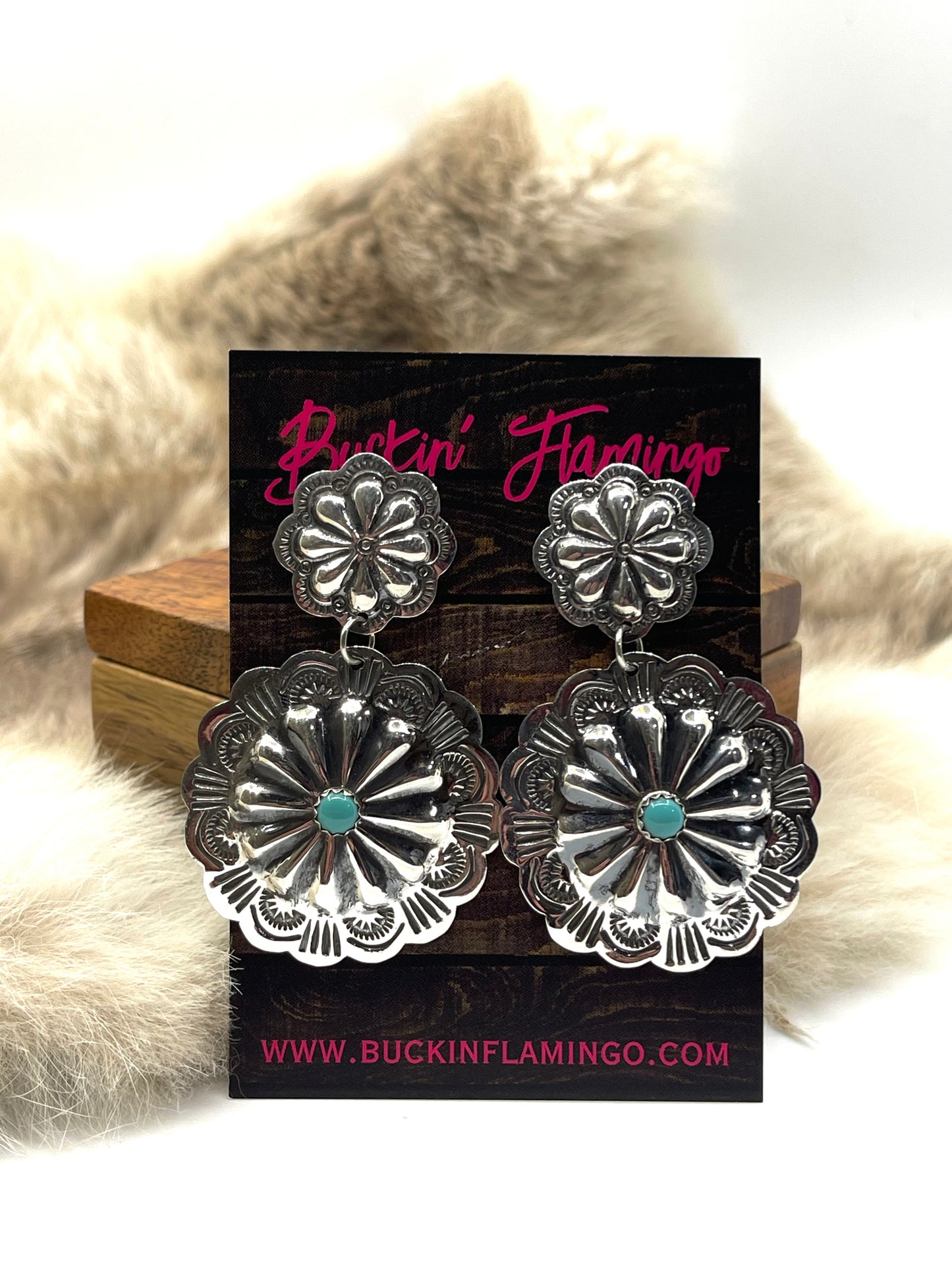 Double Concho Post Dangles with Turquoise by Genevieve Blackgoat, Navajo