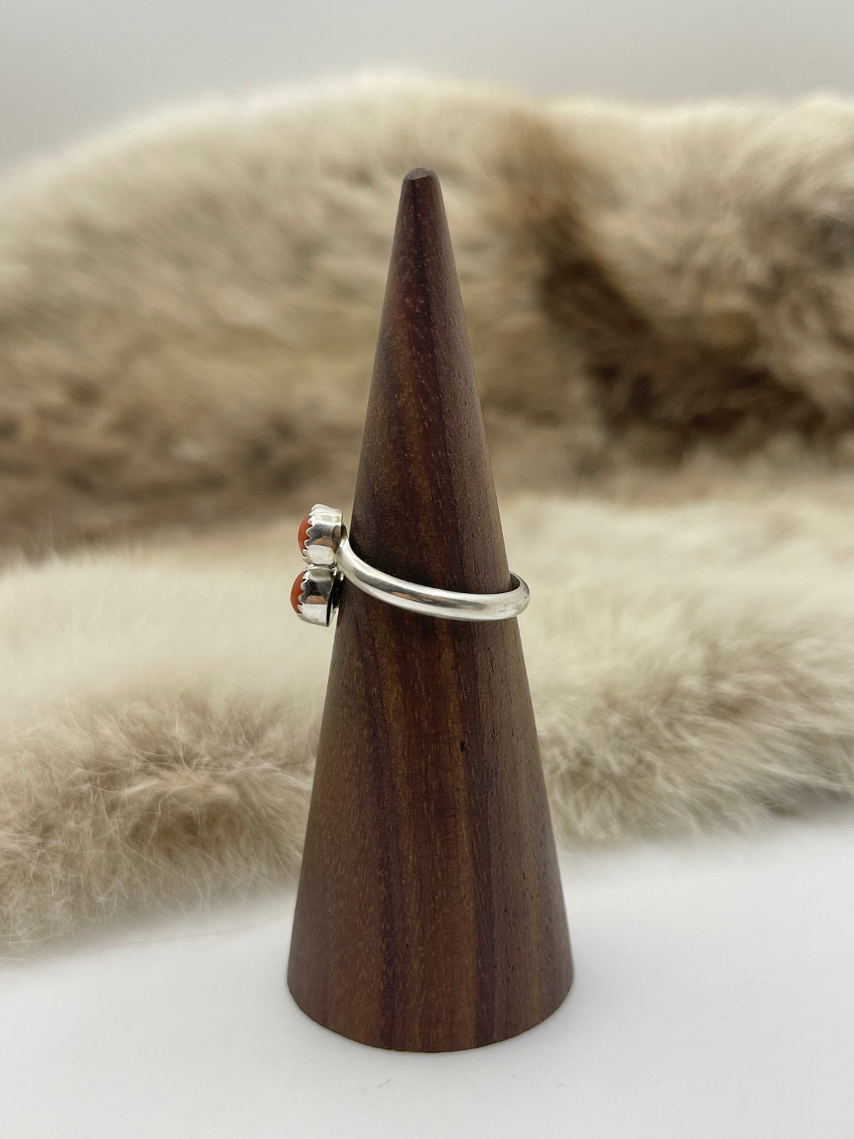 8.0 2 Stone Red Coral Semi-Adjustable Ring, Navajo