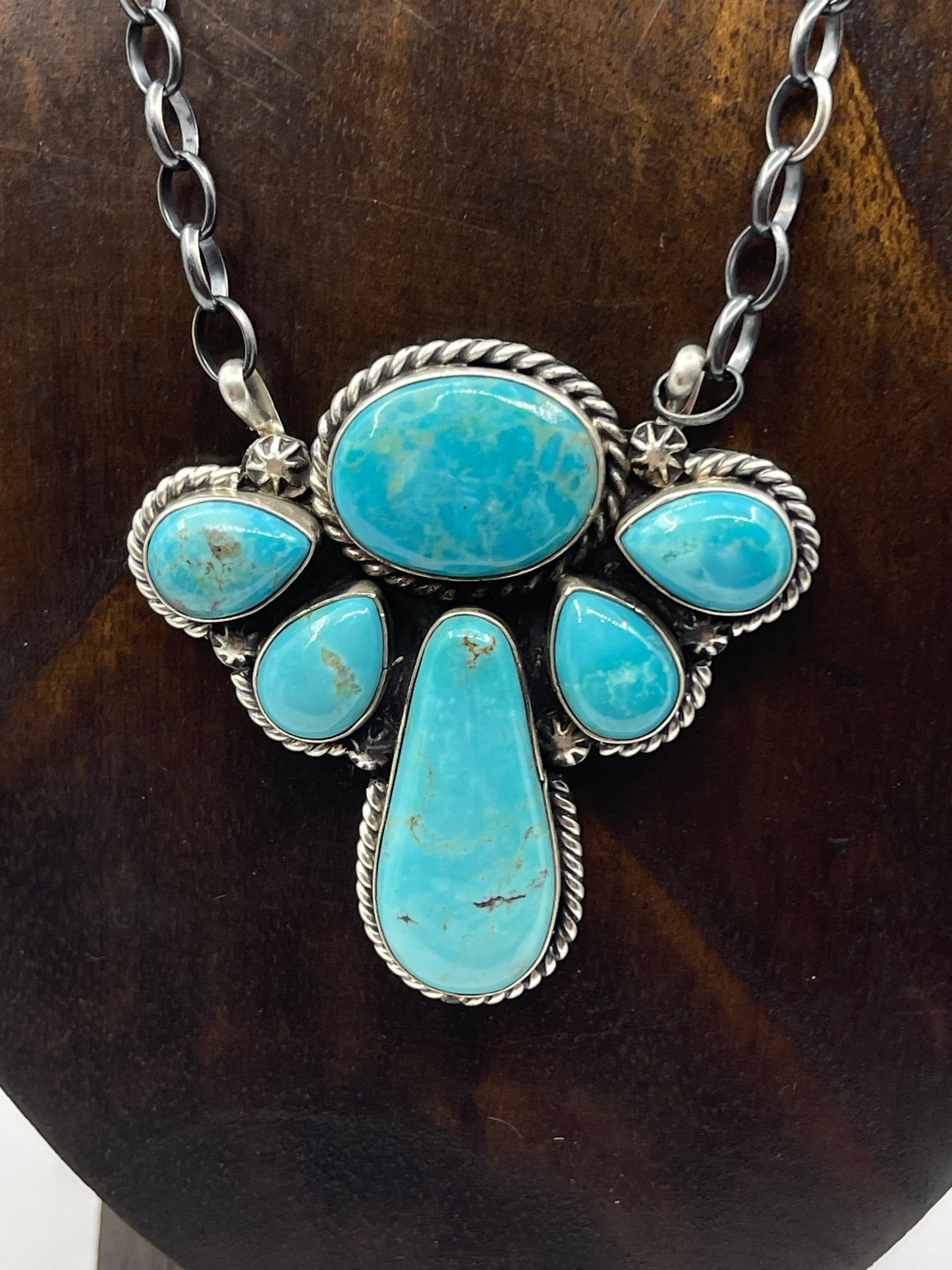 16" 6 Stone Kingman Turquoise Cluster Necklace by Elouise Kee, Navajo
