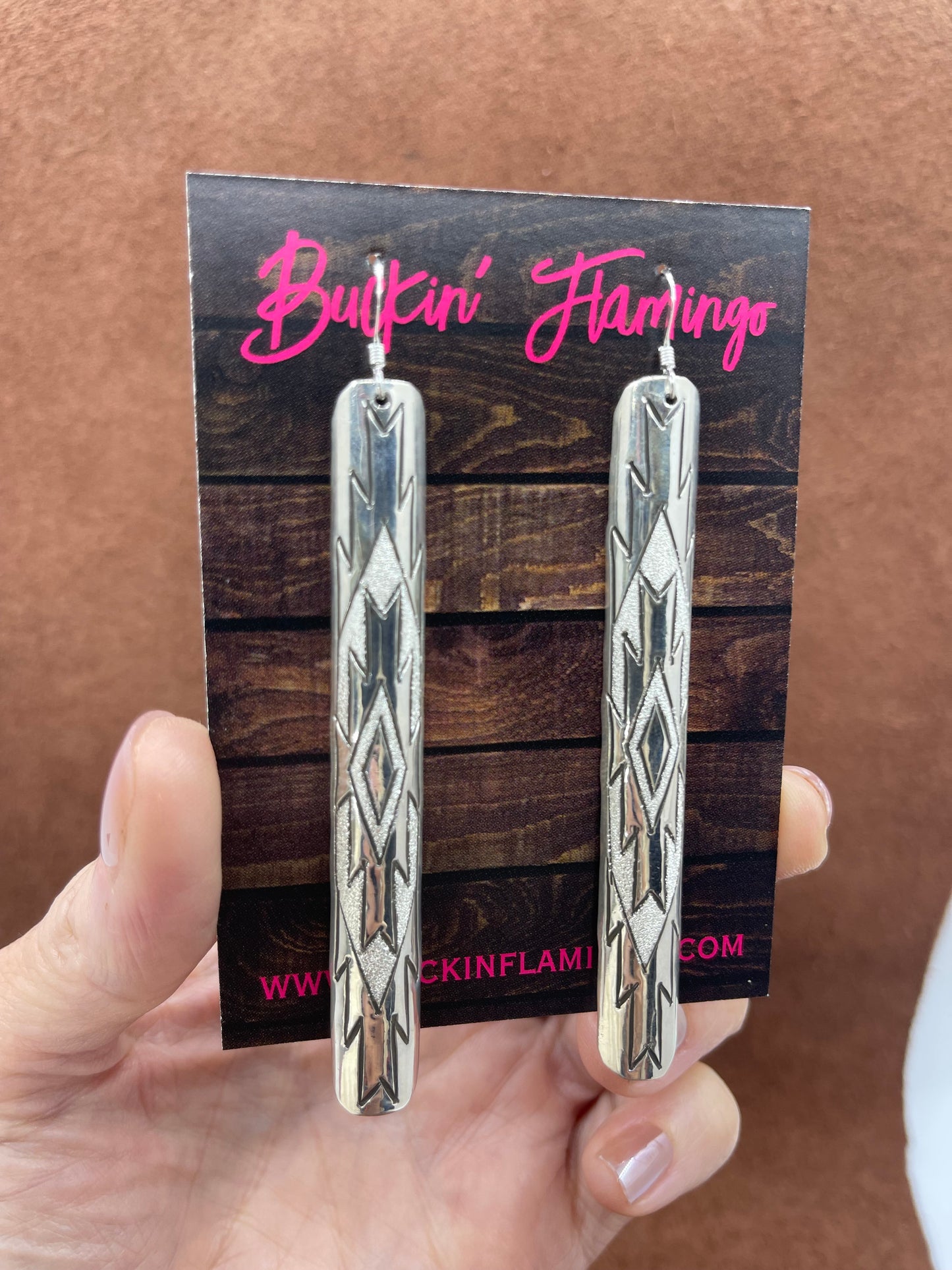 3 1/2" Stamped Silver Long Dangle Earrings by Leny Silversmith, Navajo