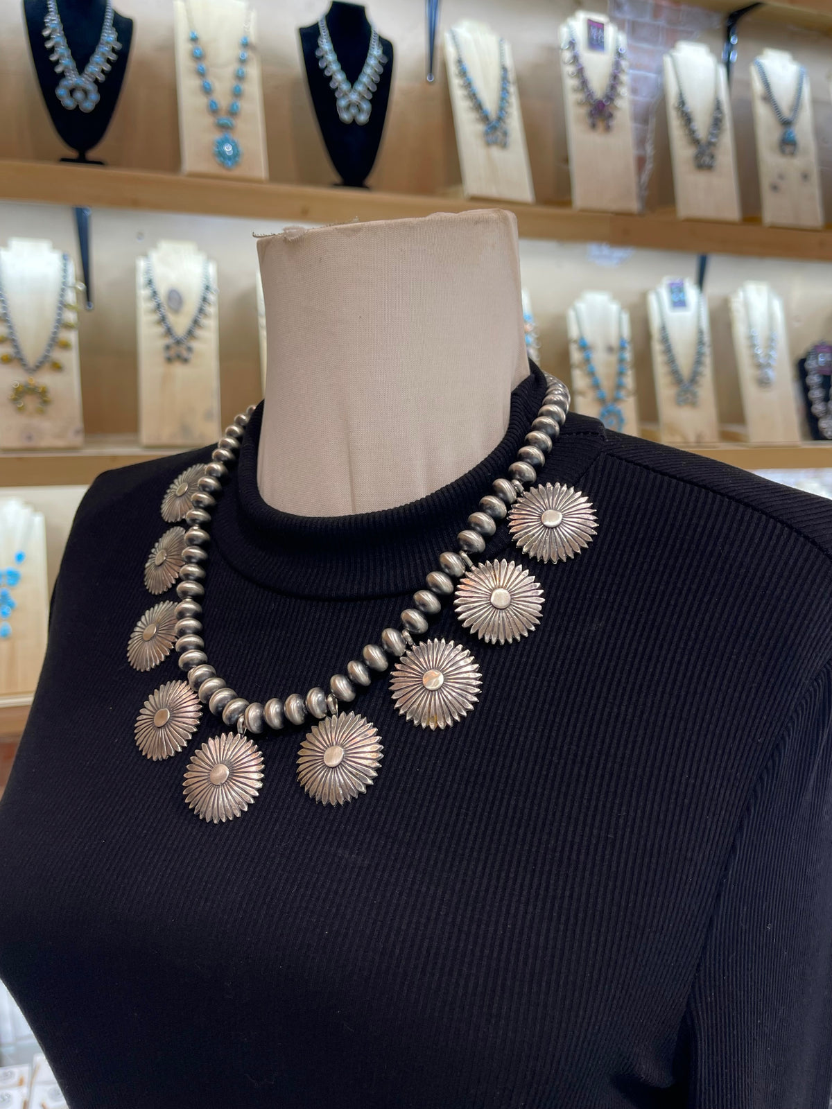 20" Handmade Navajo Pearls 10mm with Silver Conchos Necklace by Rita Largo, Navajo